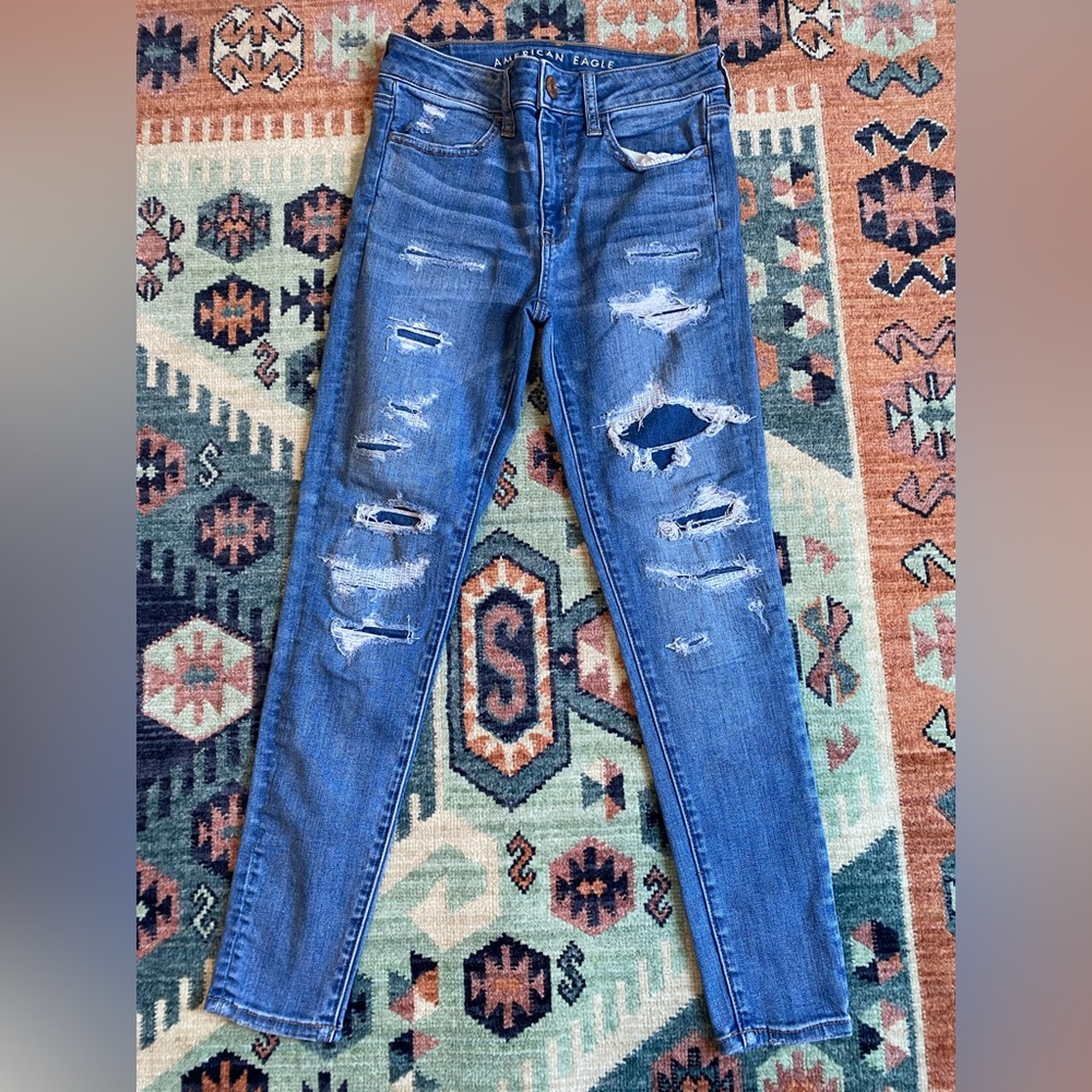 American Eagle Super Stretch Hi Rise Jeggings Crop Distressed Women's Size 2